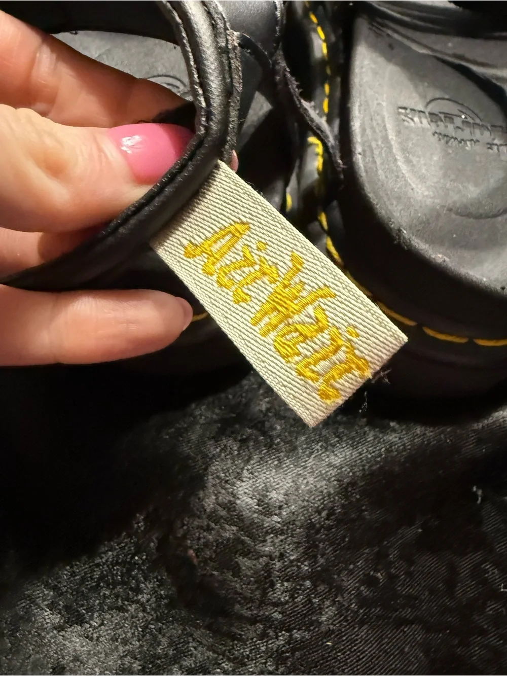 Dr. Martens Black Leather Strappy Platform Sandals with Yellow Stitching-W-11